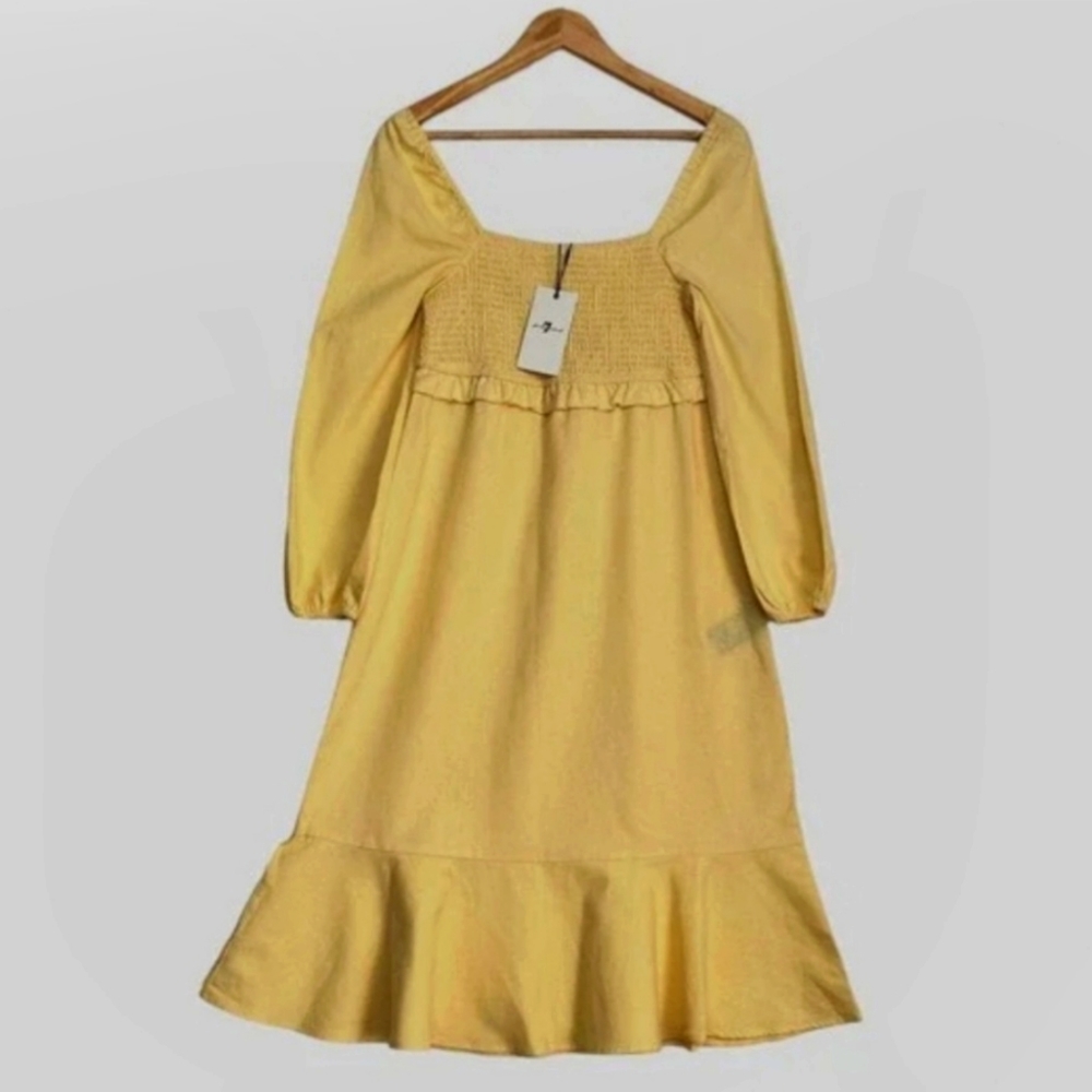 NWT 7 For All Mankind Yellow Puff Sleeves Smocked Linen Midi Dress